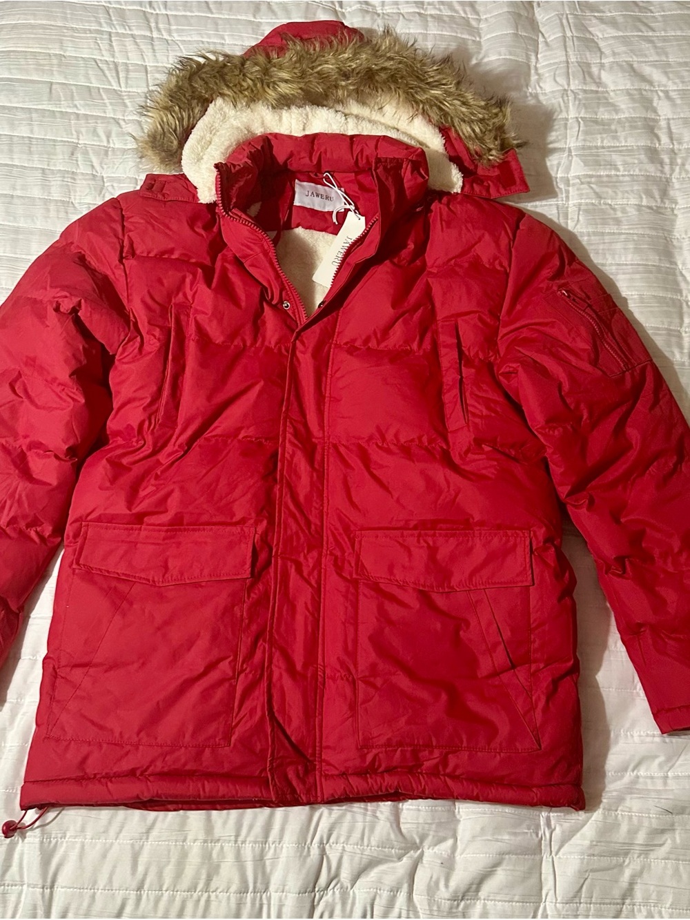 Red Puffer Jacket with Faux-Fur Hood - JAWERU